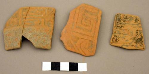 Ceramic sherds, incised decoration, mended