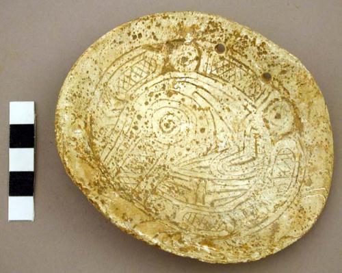 Organic, utilized shell, gorget with 2 perforations, incised decoration