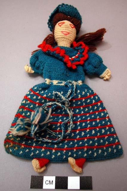 Toy, female yarn doll, multi-color clothes, sewn facial features, tassel belt