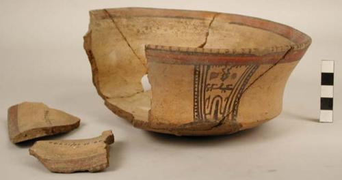 Fragmentary Madeira polychrome pottery tripod vessel-feet missing