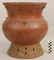 Large raised-base red pottery vessel - worn painted decoration