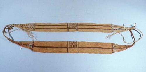 Belt, woven vegetable fiber, dark brown stripe & geom. design, braided ties