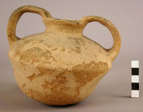 Round bottom pottery vessel with 2 loop handles