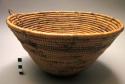 Basketry bowl, tapered, concave base, tri-colored, tightly woven, handle