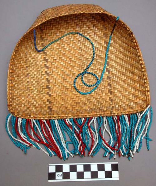 Man's dance headdress - twilled basketry with bead fringe