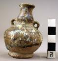 Ceramic miniature jar, blue-brown thick galze, rting base, 2 handles