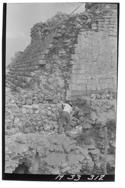 Foundation and west casing of second story stairs at Monjas.