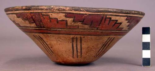 Ceramic, complete bowl, red interior, polychrome exterior