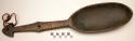 Spoon; carved wood; incised & perf. handle; knotted veg. fiber cordage; cracked