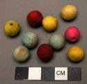 Ornament; spun fiber balls; polychrome dyes; 1 punctation in each ball